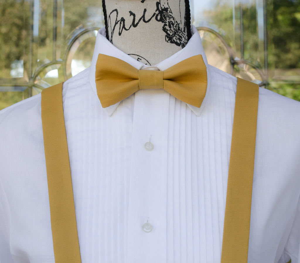 thumbnail image 2 of Gold Suspenders & Bow Tie Set With Pocket Square - Adult Formal Wear Accessories For Weddings & Events 2 of 11